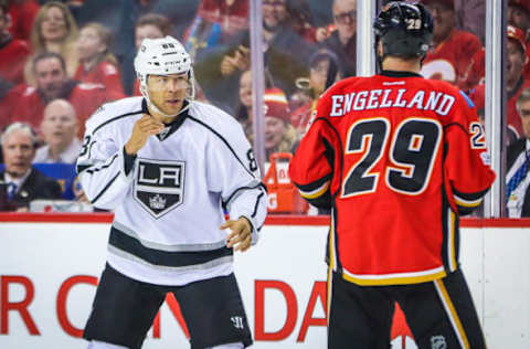 Mar 29, 2017; Calgary, Alberta, CAN; Los Angeles Kings right wing Jarome Iginla (88) and Calgary Flames defenseman Deryk Engelland (29) fight during the first period at Scotiabank Saddledome. Mandatory Credit: Sergei Belski-USA TODAY Sports