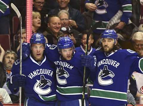 Feb 4, 2016; Vancouver, British Columbia, CAN; Vancouver Canucks forward Linden Vey (7) celebrates his goal against Columbus Blue Jackets goaltender Joonas Korpisalo (not pictured) during the first period at Rogers Arena. Mandatory Credit: Anne-Marie Sorvin-USA TODAY Sports