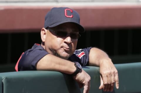 Mar 6, 2017; Scottsdale, AZ, USA; Cleveland Indians manager Terry Francona (17) sits in the dugout before a spring training game against the San Francisco Giants at Scottsdale Stadium. Mandatory Credit: Rick Scuteri-USA TODAY Sports