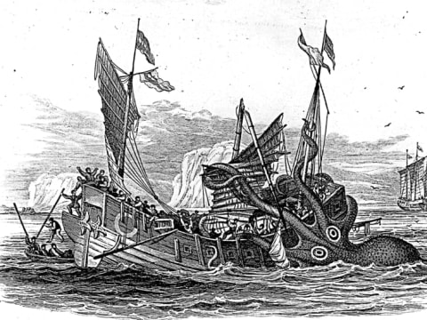 A many-armed kraken attacks an older ship