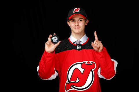 Jack Hughes after being selected first overall by the New Jersey Devils. (Photo by Kevin Light/Getty Images)