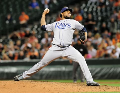 Sep 15, 2016; Baltimore, MD, USA; Tampa Bay Rays pitcher Alex Colome (37) throws a pitch in the ninth inning against the Baltimore Orioles at Oriole Park at Camden Yards. Mandatory Credit: Evan Habeeb-USA TODAY Sports