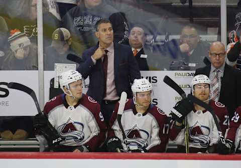 PHILADELPHIA, PENNSYLVANIA – OCTOBER 22: Head coach Jared Bednar of the Colorado Avalanche handles bench duties against the Philadelphia Flyers at the Wells Fargo Center on October 22, 2018 in Philadelphia, Pennsylvania. (Photo by Bruce Bennett/Getty Images)