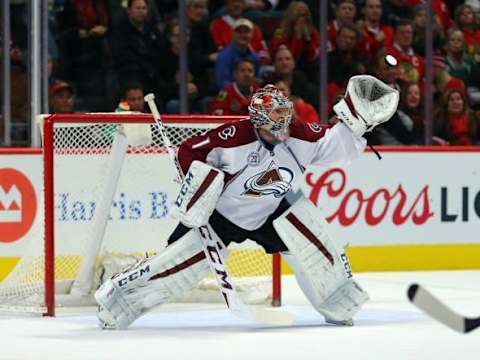 Dec 15, 2015; Chicago, IL, USA; Colorado Avalanche goalie Semyon Varlamov (1) makes a save during the first period against the Chicago Blackhawks at the United Center. Mandatory Credit: Dennis Wierzbicki-USA TODAY Sports