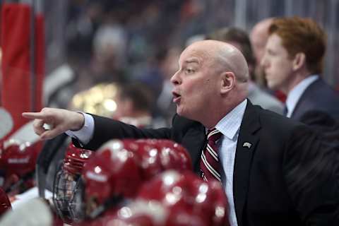 CHICAGO, IL – APRIL 06: Denver Pioneers head coach Jim Montgomery looks on during the second period of the NCAA Frozen Four semifinal game between the Denver Pioneers and the Notre Dame Fighting Irish on April 6, 2017, at the United Center in Chicago, IL. (Photo by Robin Alam/Icon Sportswire via Getty Images)