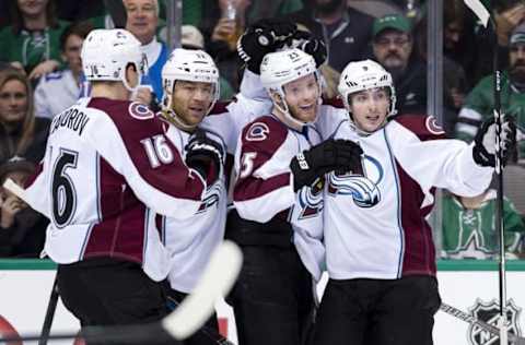 NHL Trade Rumors: Colorado Avalanche defenseman Nikita Zadorov (16) and right wing Jarome Iginla (12) and center Mikhail Grigorenko (25) and center Matt Duchene (9) celebrates a goal by Grigorenko against the Dallas Stars during the third period at the American Airlines Center. The Stars defeat the Avalanche 4-2. Mandatory Credit: Jerome Miron-USA TODAY Sports