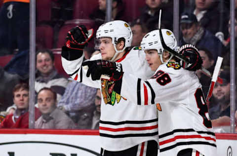 MONTREAL, QC – MARCH 14: Patrick Kane #88 of the Chicago Blackhawks celebrates his first-period goal with teammate Artemi Panarin #72 during the NHL game against the Montreal Canadiens at the Bell Centre on March 14, 2017, in Montreal, Quebec, Canada. (Photo by Minas Panagiotakis/Getty Images)