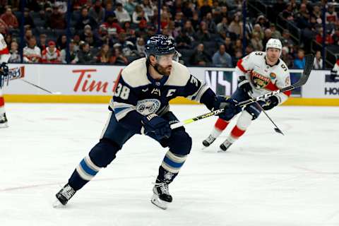 COLUMBUS, OH – NOVEMBER 20: Boone Jenner #38 of the Columbus Blue Jackets skates after the puck during the game against the Florida Panthers at Nationwide Arena on November 20, 2022 in Columbus, Ohio. (Photo by Kirk Irwin/Getty Images)