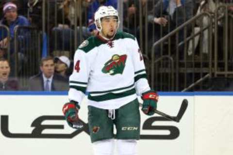 Feb 4, 2016; New York, NY, USA; Minnesota Wild defenseman Matt Dumba (24) celebrates his goal against the New York Rangers during the first period at Madison Square Garden. Mandatory Credit: Brad Penner-USA TODAY Sports