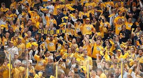 NASHVILLE, TN – APRIL 12: Nashville Predators fans celebrate a goal by Austin Watson #51 of the Nashville Predators against the Colorado Avalanche in Game One of the Western Conference First Round during the 2018 NHL Stanley Cup Playoffs at Bridgestone Arena on April 12, 2018 in Nashville, Tennessee. (Photo by John Russell/NHLI via Getty Images)