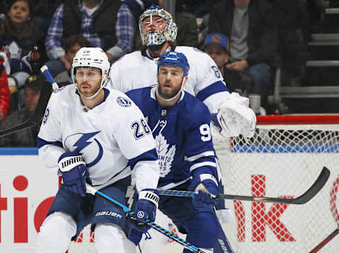 TORONTO, CANADA – APRIL 20: Ian Cole #28 of the Tampa Bay Lightning skates against Ryan O’Reilly #90 of the Toronto Maple Leafs in Game Two of the First Round of the 2023 Stanley Cup Playoffs at Scotiabank Arena on April 20, 2023 in Toronto, Ontario, Canada. (Photo by Claus Andersen/Getty Images)