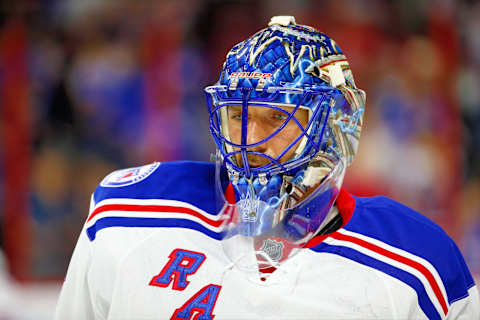 Oct 28, 2016; Raleigh, NC, USA; New York Rangers goalie Henrik Lundqvist (30) looks on during warmups against the Carolina Hurricanes at PNC Arena. The Carolina Hurricanes defeated the New York Rangers 3-2. Mandatory Credit: James Guillory-USA TODAY Sports