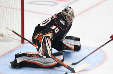 ANAHEIM, CA – NOVEMBER 12: Anaheim Ducks goalie Ryan Miller (30) blocks a shot during an overtime period of a game against the Detroit Red Wings played on November 12, 2019 at the Honda Center in Anaheim, CA. (Photo by John Cordes/Icon Sportswire via Getty Images)