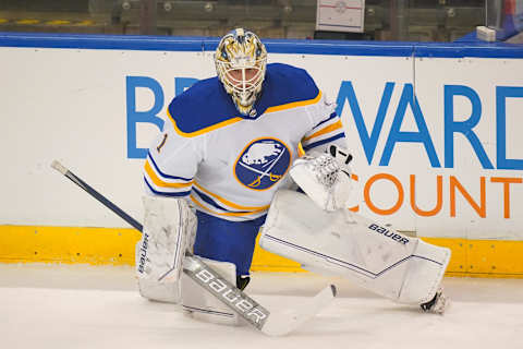 Dec 2, 2021; Sunrise, Florida, USA; Buffalo Sabres goaltender Ukko-Pekka Luukkonen (1) warms up prior to the game against the Florida Panthers at FLA Live Arena. Mandatory Credit: Jasen Vinlove-USA TODAY Sports