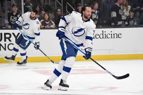 LOS ANGELES, CA – JANUARY 29: Victor Hedman #77 of the Tampa Bay Lightning skates on the ice during warm ups against the Los Angeles Kings at STAPLES Center on January 29, 2020 in Los Angeles, California. (Photo by Adam Pantozzi/NHLI via Getty Images)