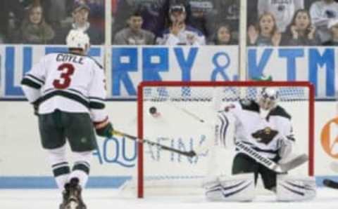 Sep 26, 2016; State College, PA, USA; Buffalo Sabres forward Zemgus Girgensons (not pictured) scores a goal on Minnesota Wild goalie Alex Stalock (32) during the first period at Pegula Ice Arena. Mandatory Credit: Matthew O