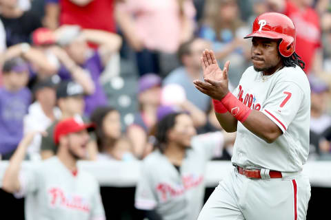 Proving he doesn’t have to homer to score, Franco, heads home on Rupp’s RBI double. Photo by Matthew Stockman/Getty Images.