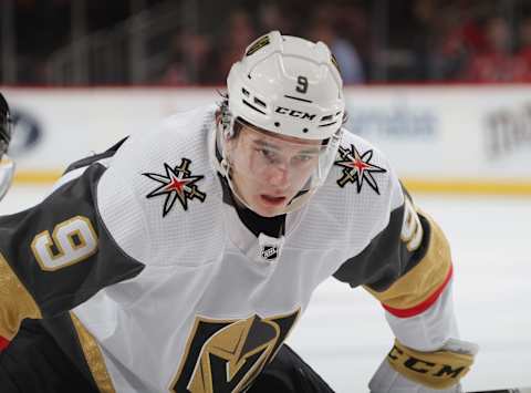 Cody Glass of the Vegas Golden Knights skates against the New Jersey Devils at the Prudential Center on December 03, 2019 in Newark, New Jersey.