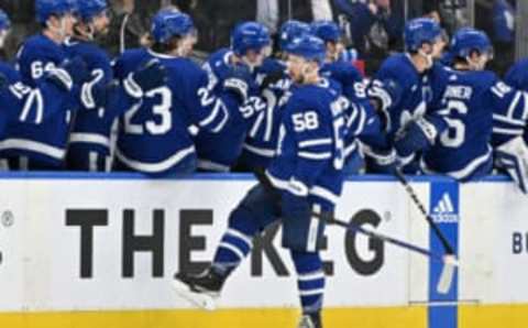 May 2, 2023; Toronto, Ontario, CANADA; Toronto Maple Leafs forward Michael Bunting (58) celebrates with teammates at the bench after scoring a goal against the Florida Panthers in the second period in game one of the second round of the 2023 Stanley Cup Playoffs at Scotiabank Arena. Mandatory Credit: Dan Hamilton-USA TODAY Sports