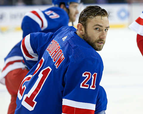 Apr 26, 2022; New York, New York, USA; New York Rangers center Barclay Goodrow (21) in action during warmups before the start of the game against Carolina Hurricanes at Madison Square Garden. Mandatory Credit: Tom Horak-USA TODAY Sports