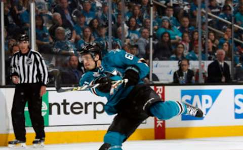 SAN JOSE, CA – JUNE 4: Justin Braun #61 of the San Jose Sharks shots and scores the Sharks first goal against the Pittsburgh Penguins in Game Three of the 2016 NHL Stanley Cup Final at the SAP Center at San Jose on June 4, 2016 in San Jose, California. (Photo by Don Smith/NHLI via Getty Images)