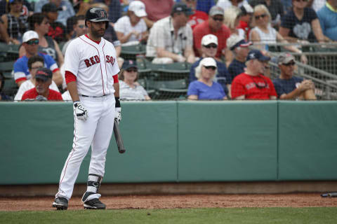 FORT MYERS, FL – MARCH 11: J.D. Martinez of the Boston Red Sox gets ready in the on deck circle during the Spring Training game against the Baltimore Orioles at Jet Blue Park on March 11, 2018 in Fort Myers, Florida. (Photo by Mike McGinnis/Getty Images)