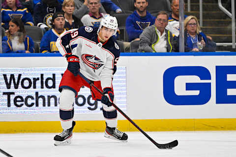 Sep 29, 2022; St. Louis, Missouri, USA; Columbus Blue Jackets forward Yegor Chinakhov (59) controls the puck against the St. Louis Blues during the first period at Enterprise Center. Mandatory Credit: Jeff Curry-USA TODAY Sports