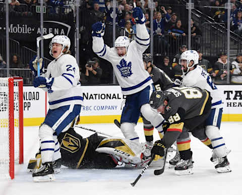 LAS VEGAS, NEVADA – NOVEMBER 19: Kasperi Kapanen #24 and Zach Hyman #11 of the Toronto Maple Leafs. (Photo by Ethan Miller/Getty Images)