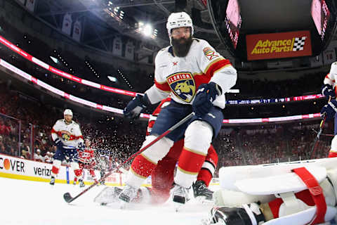 RALEIGH, NORTH CAROLINA – MAY 18: Radko Gudas #7 of the Florida Panthers skates against the Carolina Hurricanes in Game One of the Eastern Conference Finals of the 2023 Stanley Cup Playoffs at PNC Arena on May 18, 2023 in Raleigh, North Carolina. The Panthers defeated the Hurricanes 3-2 in the fourth overtime period. (Photo by Bruce Bennett/Getty Images)