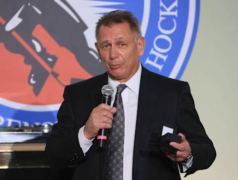 TORONTO, ONTARIO – NOVEMBER 12: Ken Holland takes part in a press opportunity prior to his induction into the Hockey Hall of Fame at the Hockey Hall Of Fame on November 12, 2021 in Toronto, Ontario, Canada. (Photo by Bruce Bennett/Getty Images)