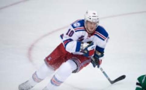 Dec 15, 2016; Dallas, TX, USA; New York Rangers center J.T. Miller (10) in action during the game against the Dallas Stars at the American Airlines Center. The Rangers shut out the Stars 2-0. Mandatory Credit: Jerome Miron-USA TODAY Sports