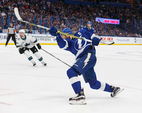 TAMPA, FL – JANUARY 19: Steven Stamkos #91 of the Tampa Bay Lightning shoots the puck for a goal against the San Jose Sharks during the third period at Amalie Arena on January 19, 2019 in Tampa, Florida. (Photo by Scott Audette/NHLI via Getty Images)