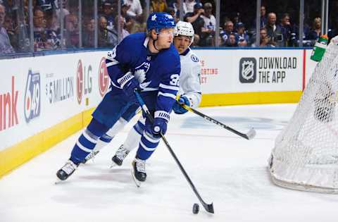 TORONTO, ON - OCTOBER 10: Rasmus Sandin #38 of the Toronto Maple Leafs skates against the Tampa Bay Lightning during the second period at the Scotiabank Arena on October 10, 2019 in Toronto, Ontario, Canada. (Photo by Mark Blinch/NHLI via Getty Images)