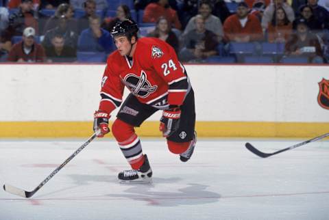 22 Sep 2001: Left wing Taylor Pyatt #24 of the Buffalo Sabres skates on the ice during the NHL game against the Columbus Blue Jackets at HSBC Arena in Buffalo, New York. The Sabres edged the Blue Jackets 4-3. Mandatory copyright notice: Copyright 2001 NHLI Mandatory Credit: Dave Sandford /NHLI/Getty Images