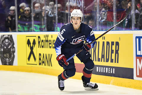 KOSICE, SLOVAKIA – MAY 19: Jack Hughes #6 of the USA in action during the 2019 IIHF Ice Hockey World Championship Slovakia group A game between Germany and the United States at Steel Arena on May 19, 2019, in Kosice, Slovakia. (Photo by Lukasz Laskowski/PressFocus/MB Media/Getty Images)