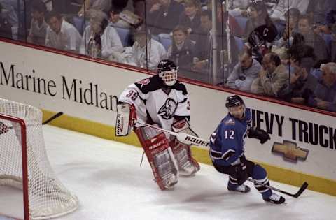 4 Jun 1998: Dominik Hasek #39 of the Buffalo Sabres in action during an Eastern Conference Playoff game against the Washington Capitals at the Marine Midland Arena in Buffalo, New York. The Capitals defeated the Sabres 3-2.