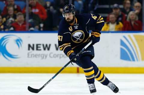 Mar 16, 2016; Buffalo, NY, USA; Buffalo Sabres defenseman Zach Bogosian (47) during the game against the Montreal Canadiens at First Niagara Center. Mandatory Credit: Kevin Hoffman-USA TODAY Sports