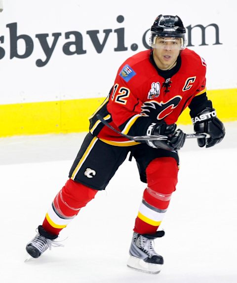 November 25, 2009; Calgary, AB, CANADA; Calgary Flames right wing Jarome Iginla (12) during the third period against the Phoenix Coyotes at the Saddledome. Calgary defeated Phoenix 2-1. Mandatory Credit: John E. Sokolowski-USA TODAY Sports