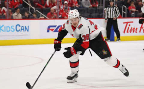 DETROIT, MICHIGAN – JANUARY 10: Rudolfs Balcers #38 of the Ottawa Senators skates against the Detroit Red Wings at Little Caesars Arena on January 10, 2020 in Detroit, Michigan. (Photo by Gregory Shamus/Getty Images)