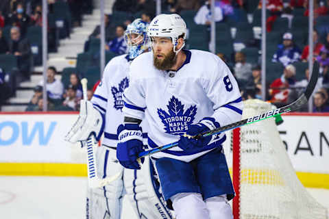 Feb 10, 2022; Calgary, Alberta, CAN; Toronto Maple Leafs defenseman Jake Muzzin (8) skates against the Calgary Flames during the third period at Scotiabank Saddledome. Mandatory Credit: Sergei Belski-USA TODAY Sports