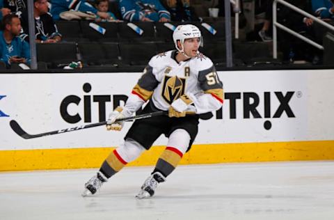 SAN JOSE, CA – MAY 06: David Perron #57 of the Vegas Golden Knights skates against the San Jose Sharks in Game Six of the Western Conference Second Round during the 2018 NHL Stanley Cup Playoffs at SAP Center on May 6, 2018 in San Jose, California. (Photo by Rocky W. Widner/NHL/Getty Images) *** Local Caption *** David Perron