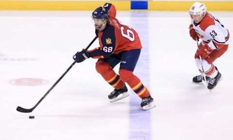 NHL Awards: Florida Panthers right wing Jaromir Jagr (68) skates with the puck past Carolina Hurricanes left wing Jeff Skinner (53) in the third period at BB&T Center. The Panthers won 5-2. Mandatory Credit: Robert Mayer-USA TODAY Sports