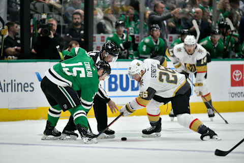 DALLAS, TX – NOVEMBER 25: Paul Stastny #26 of the Vegas Golden Knights tries to win a face off against Blake Comeau #15 of the Dallas Stars at the American Airlines Center on November 25, 2019 in Dallas, Texas. (Photo by Glenn James/NHLI via Getty Images)