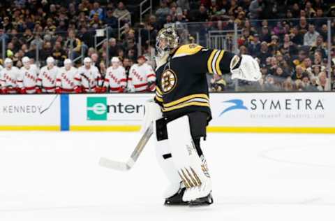 BOSTON, MA – DECEMBER 03: Boston Bruins goalie Jaroslav Halak (41) protests the puck went through the net during a game between the Boston Bruins and the Carolina Hurricanes on December 3, 2019, at TD garden in Boston, Massachusetts. (Photo by Fred Kfoury III/Icon Sportswire via Getty Images)