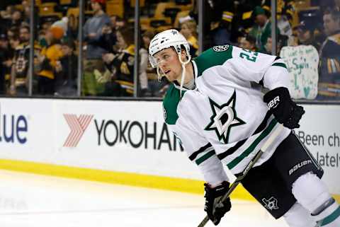 BOSTON, MA – MARCH 30: Dallas Stars right wing Brett Ritchie (25) skates during warm up before a regular season NHL game between the Boston Bruins and the Dallas Stars on March 30, 2017, at TD Garden in Boston, Massachusetts. The Bruins defeated the Stars 2-0. (Photo by Fred Kfoury III/Icon Sportswire via Getty Images)