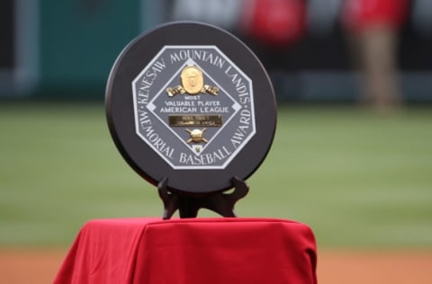 April 25, 2015: The MVP award presented to Mike Trout before the Texas Rangers game versus the Los Angeles Angeles of Anaheim at Anaheim Stadium in Anaheim, CA. (Photo by Peter Joneleit/Icon Sportswire/Corbis via Getty Images)