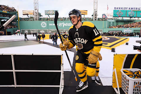 Trent Frederic prepares to take the ice prior to playing the Pittsburgh Penguins at Fenway Park. (Photo by Gregory Shamus/Getty Images)