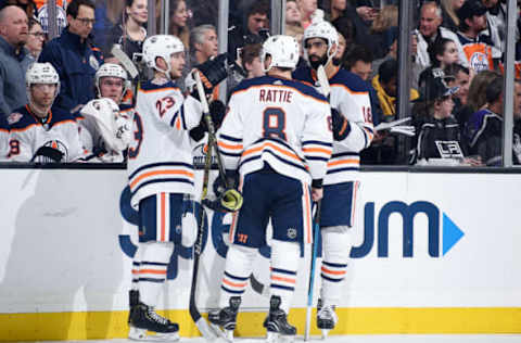 LOS ANGELES, CA – JANUARY 5: Ryan Spooner #23 of the Edmonton Oilers talks with Ty Rattie #8 and Jujhar Khaira #16 during a break in the third period of the game against the Los Angeles Kings at STAPLES Center on January 5, 2019 in Los Angeles, California. (Photo by Adam Pantozzi/NHLI via Getty Images)