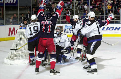 UNITED STATES – DECEMBER 01: New York Rangers’ Mark Messier throws his arms up in celebration after the Rangers scored the game-winning goal past Tampa Bay Lightning’s goalie Nikolai Khabibulin late in the third period. The Rangers won, 4-3, at Madison Square Garden. (Photo by Andrew Savulich/NY Daily News Archive via Getty Images)