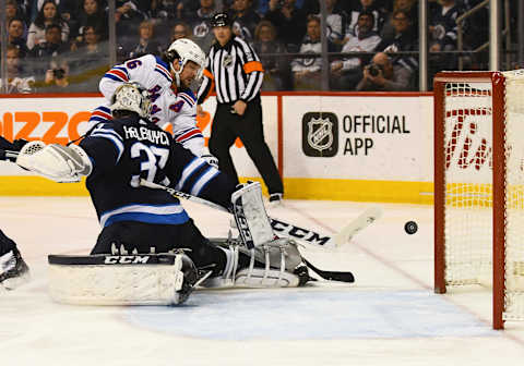 WINNEPEG, MB – FEBRUARY 11: New York Rangers Right Wing Mats Zuccarello (36) beats Winnipeg Jets Goalie Connor Hellebuyck (37) but hits the pipe during a NHL game between the Winnipeg Jets and New York Rangers on February 11, 2018 at Bell MTS Centre in Winnepeg, MB. The Rangers defeated the Jets 3-1.(Photo by Nick Wosika/Icon Sportswire via Getty Images)